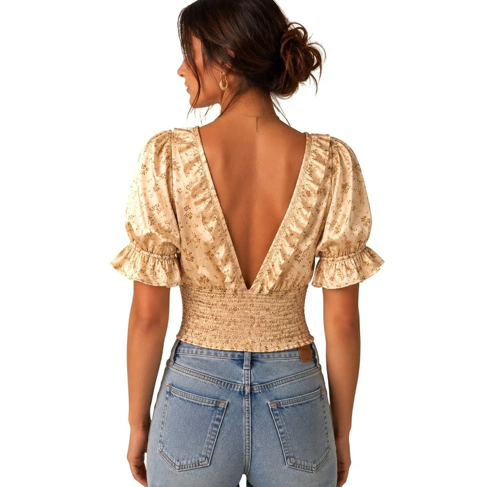 Free People Floral Milkmaid Top Small Satin Puff Sleeve Pintuck Cottagecore Gold